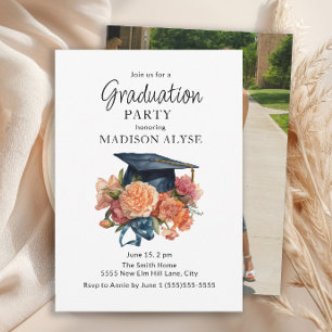 Invitation Diplôme Cap Peach Floral Photo Diplômé