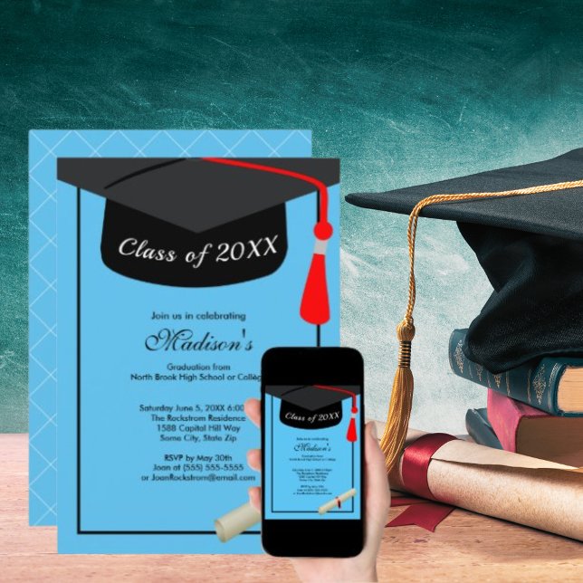 Invitation Diplôme Casquette noir Moderne Sky Blue Graduation (Black Cap Diploma Modern Sky Blue Graduation Party Invitation)