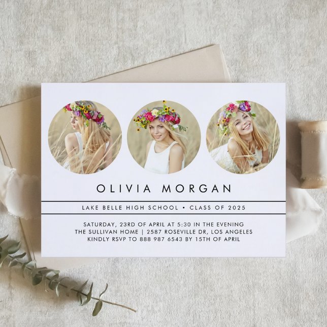 Invitation Diplôme Collage Photo Trois Moderne Noir (Customizable three-photo collage graduation invitation. )