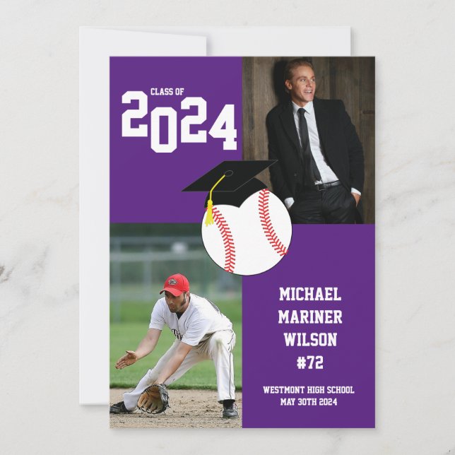 Invitation Diplôme de baseball Sport Purple Blanc (Devant)