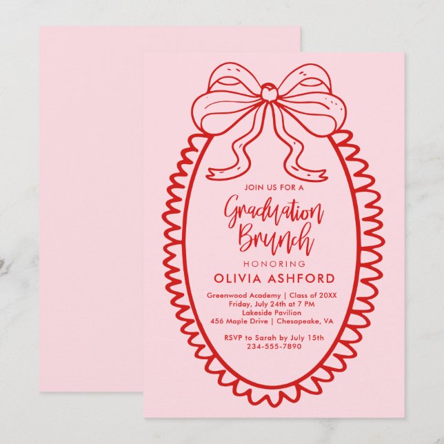 Invitation Diplôme de Brunch élégant rouge et rose (Devant / Derrière)