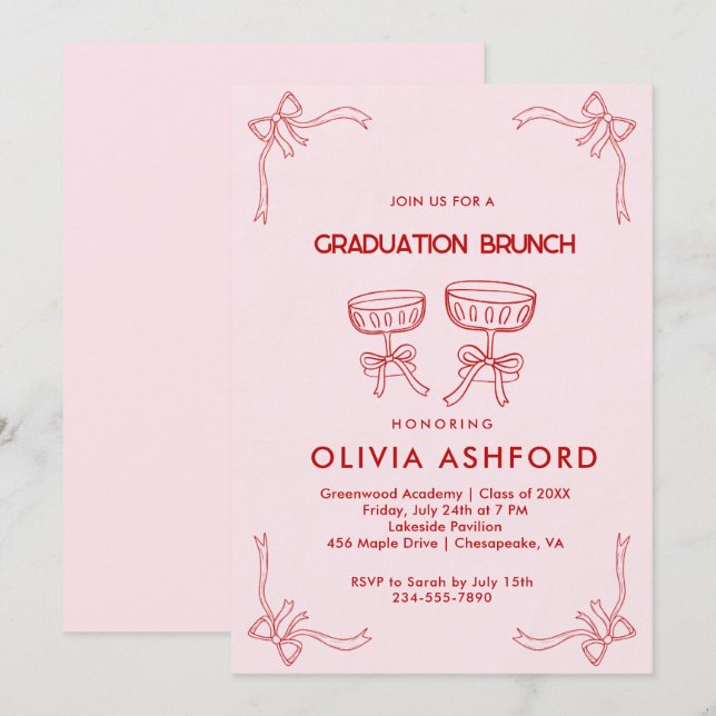 Invitation Diplôme de Brunch élégant rouge et rose (Devant / Derrière)