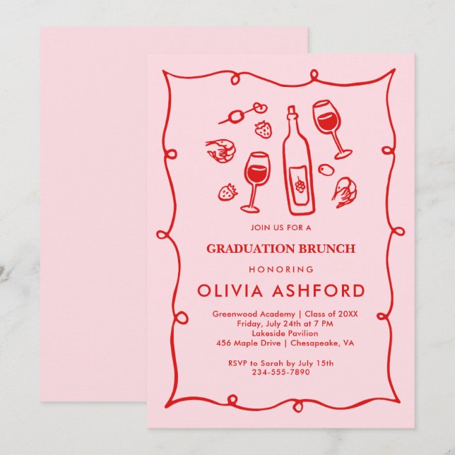 Invitation Diplôme de Brunch élégant rouge et rose (Devant / Derrière)
