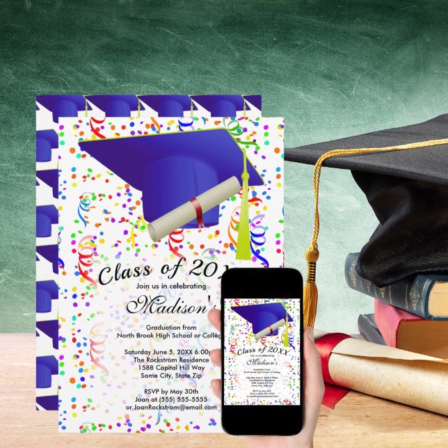 Invitation Diplôme de Casquette de grade bleu Confetti Party (Graduation Blue Grad Cap Diploma Confetti Party Invitation)