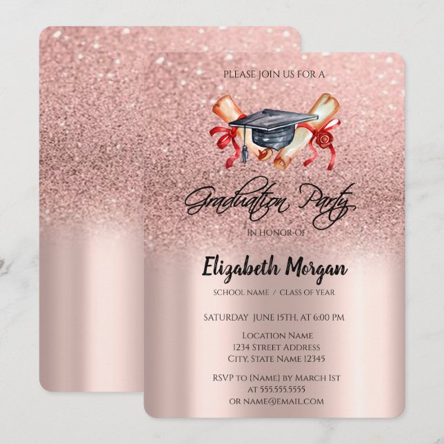 Invitation Diplôme de Casquette de grade Rose Parties scintil (Devant / Derrière)