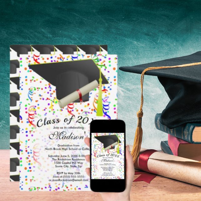 Invitation Diplôme de Casquette noir de grade Confetti Party (Graduation Black Grad Cap Diploma Confetti Party Invitation)