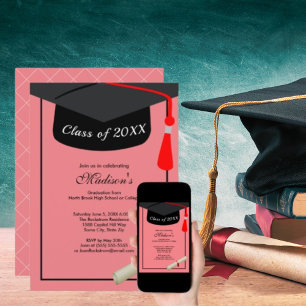 Invitation Diplôme de Casquette noir Modern Pink Graduation P