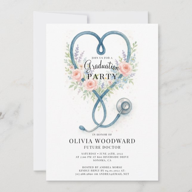Invitation Diplôme de docteur en stéthoscope floral (Devant)