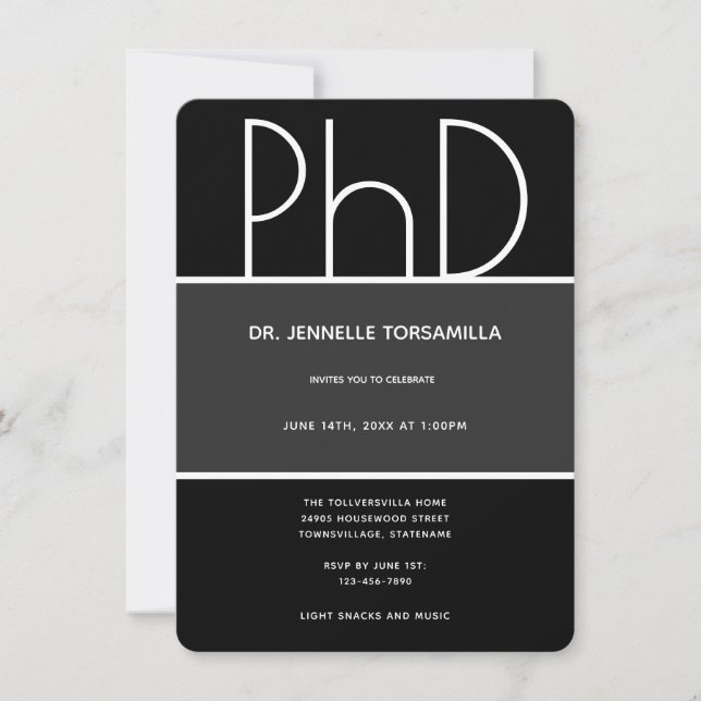 Invitation Diplôme de doctorat Gris noir Blanc Vertical Gradu (Devant)