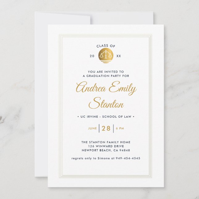 Invitation Diplôme de droit École d'or Échelles de justice Ca (Devant)