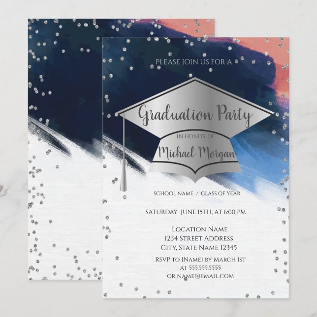 Invitation Diplôme de fin d'études Pinceau, Diamants Diplômé (Devant / Derrière)