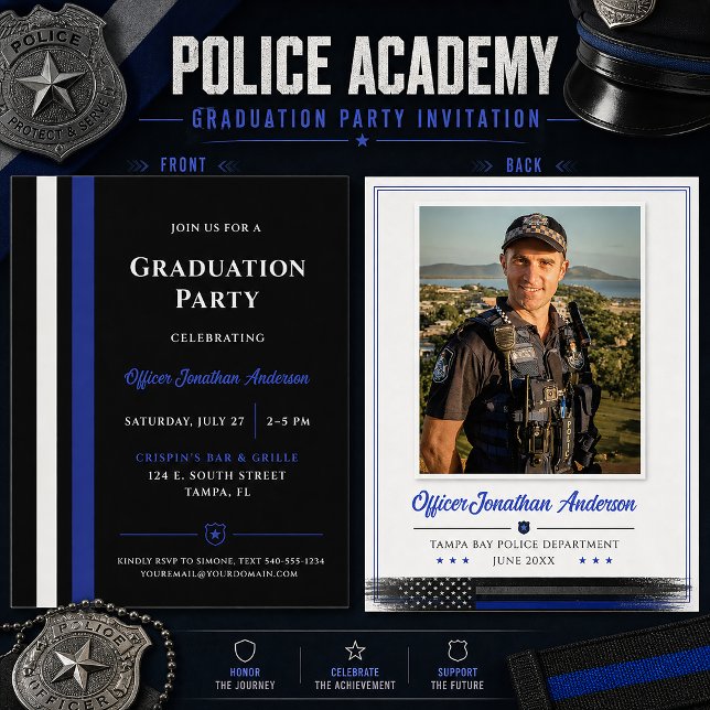 Invitation Diplômé de l'Académie de Police Ligne Bleue Mince  (Créateur téléchargé)