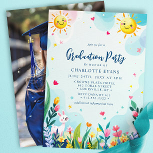 Invitation Diplôme de maternelle Floral Lapin Soleil Mignon