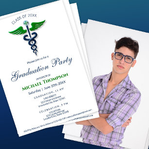 Invitation Diplôme de Médecine Caducée Bleu Vert Photo