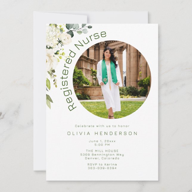 Invitation Diplôme de photo florale blanche et verte (Devant)