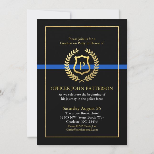 Invitation Diplôme de police | Monogramme thématique de retra (Devant)