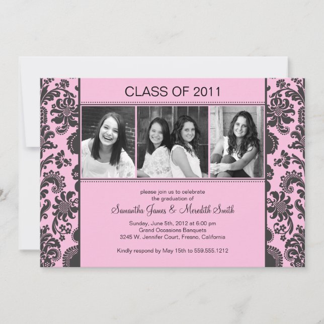 Invitation Diplômé de rayure de damassé - rose/noir (Devant)