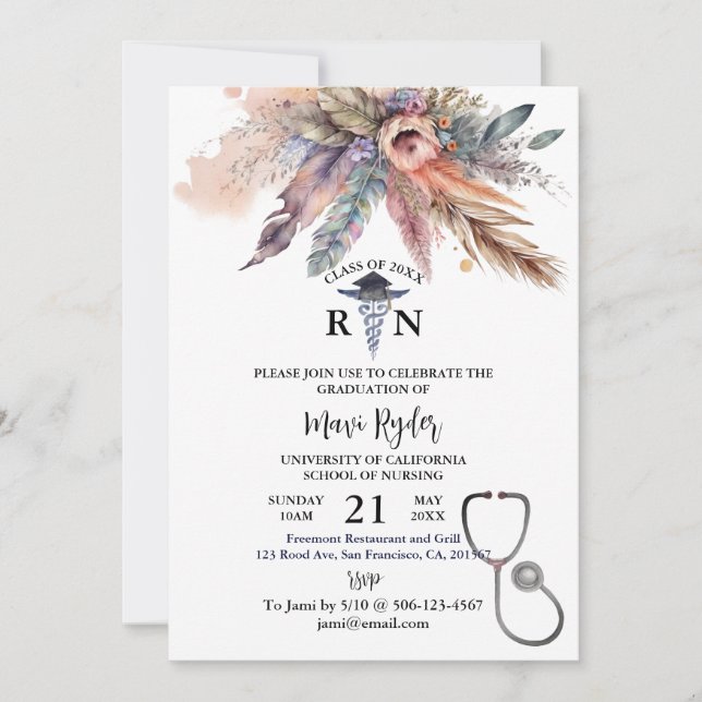 Invitation Diplôme de soins infirmiers personnalisé Boho Iora (Devant)