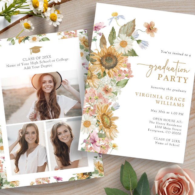 Invitation Diplôme de tournesol (Watercolor Sunflower Graduation Party Invitation by Painted Paperie
)