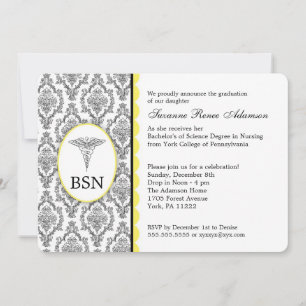 Invitation Diplôme d'infirmière BSN RN damas jaune noir