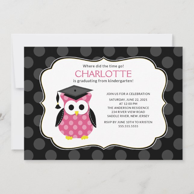 Invitation Diplôme d'Pois de la petite fille de la Hibou (Devant)