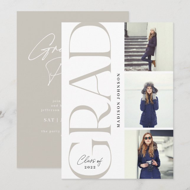 Invitation Diplôme en typographie latérale 2022 3 Photo Party (Devant / Derrière)