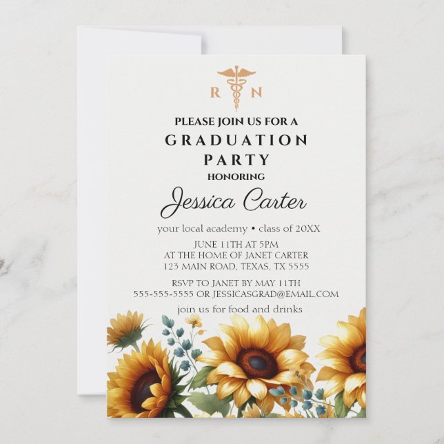 Invitation Diplôme floral Infirmière tournesol Typographie (Devant)