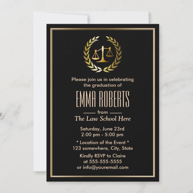 Invitation Diplôme Formel Black & Gold Law School (Devant)