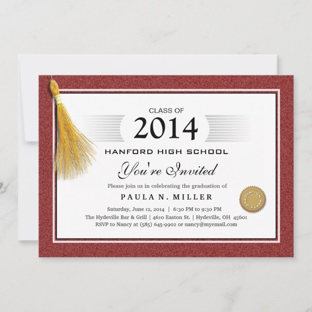 Invitation Diplôme Maroon Red Border & Gold Tassel (Devant)