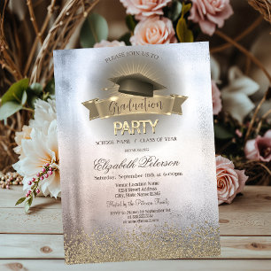 Invitation Diplôme Métallisé Faux Diamants Or Moderne