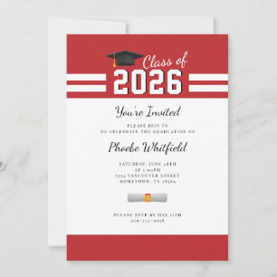 Invitation Diplômé moderne Rouge Blanc Simple Graduation