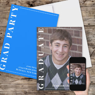 Invitation Diplômé Moderne Simple Photo Minimaliste Bleu Azur