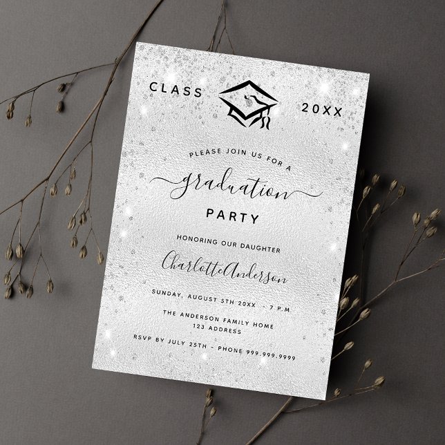 Invitation Diplômé paillettes argentées moderne élégant 2024 (Créateur téléchargé)
