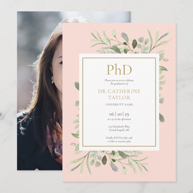 Invitation Diplôme Phd Blush Pink Greenery Photo Graduation (Devant / Derrière)
