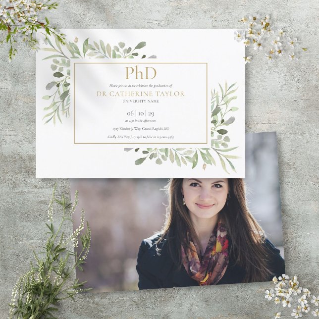 Invitation Diplôme Phd Green Foliage Photo Graduation (Phd Degree Greenery Foliage Photo Graduation Invitation)