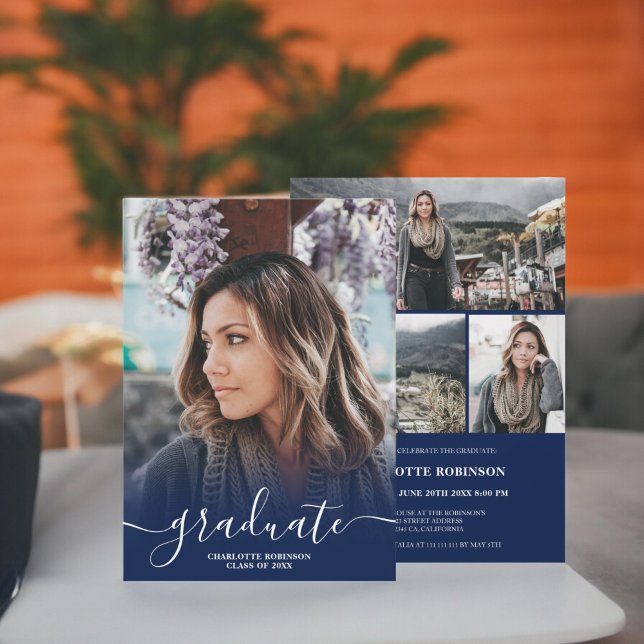 Invitation Diplôme photo de la Marine (Navy blue graduate script photo graduation invitation)