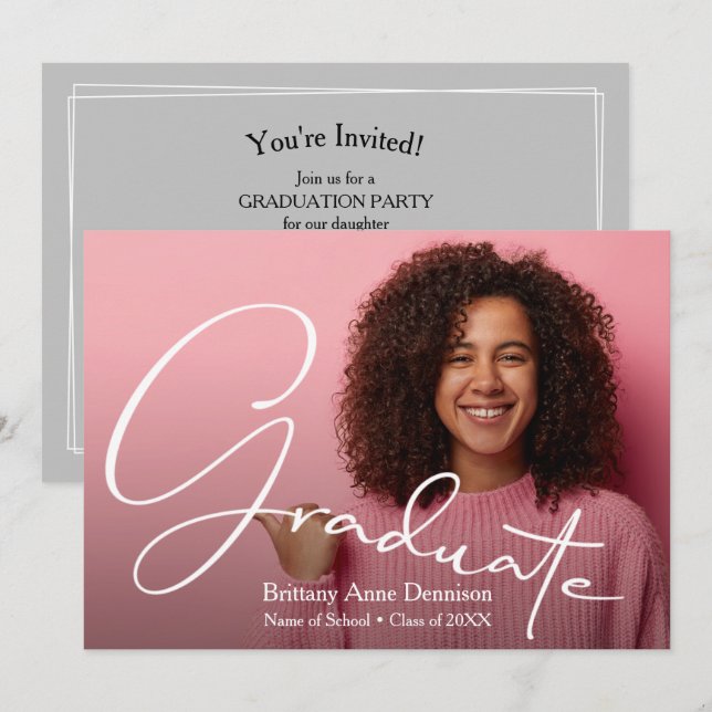 Invitation Diplôme photo de script chic (Devant / Derrière)