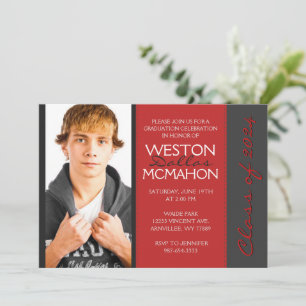 Invitation Diplôme photo en Gris rouge profond et gris rayé