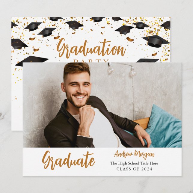Invitation Diplômé Photo Gold confetti Diplôme d'études (Devant / Derrière)