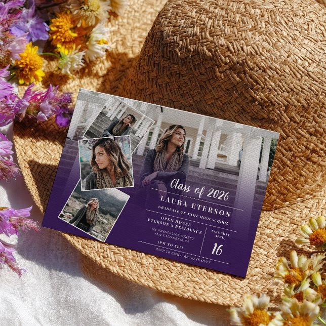 Invitation Diplôme photo minimaliste violet moderne (Modern purple violet minimalist photo graduation invitation)