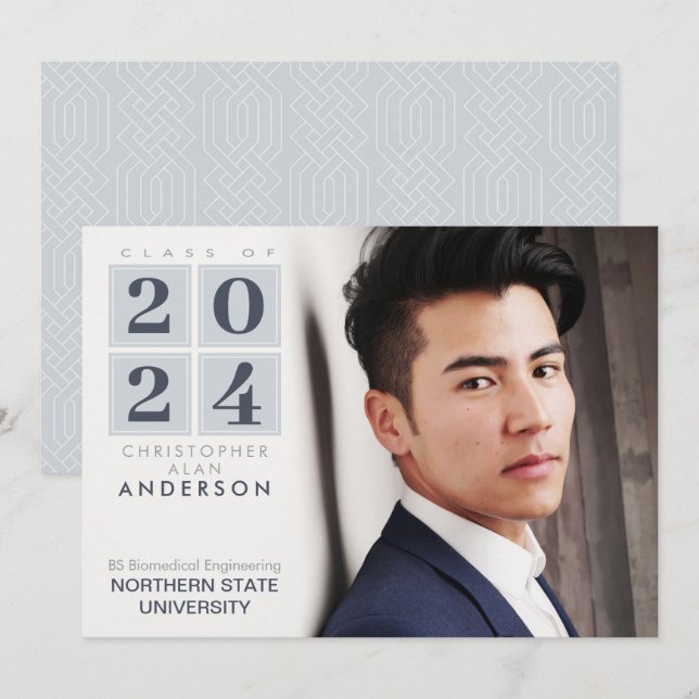 Invitation Diplôme | Photo moderne Carré Grey & Navy (Devant / Derrière)