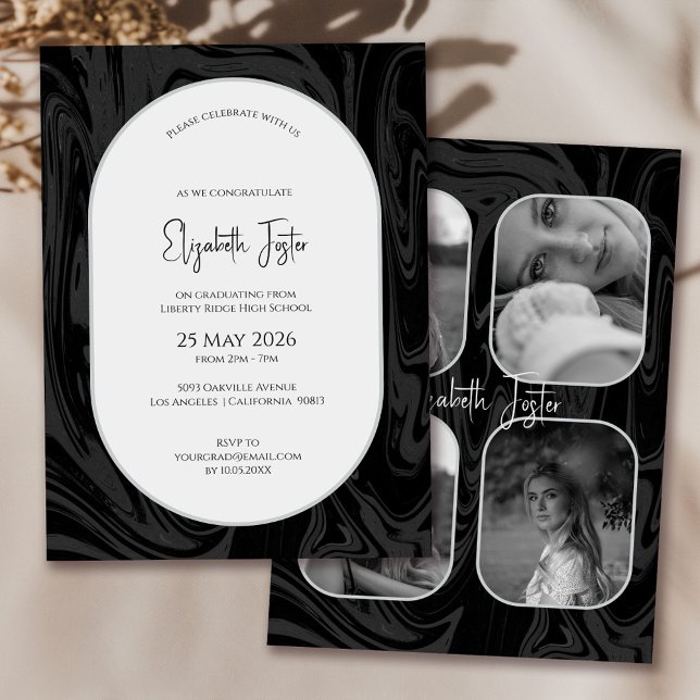 Invitation Diplôme photo noir et Marbre blanc (Créateur téléchargé)