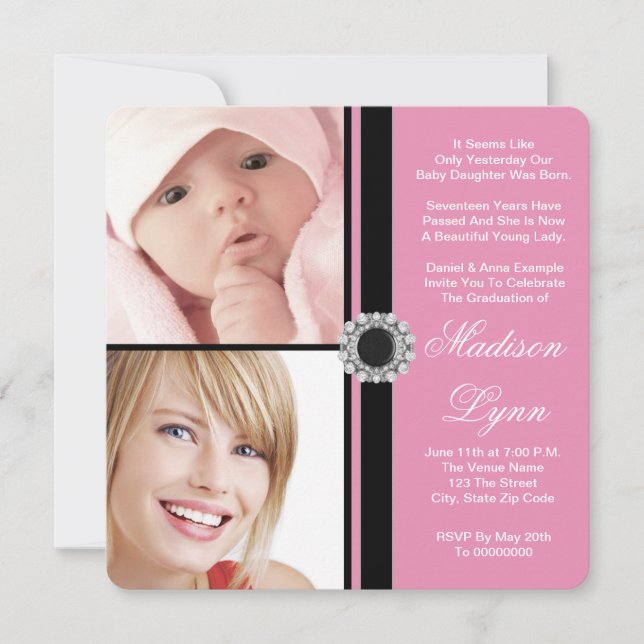 Invitation Diplôme photo rose hier et aujourd'hui (Devant)