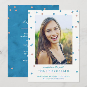 Invitation Diplôme photo turquoise et Rose Gold Confetti