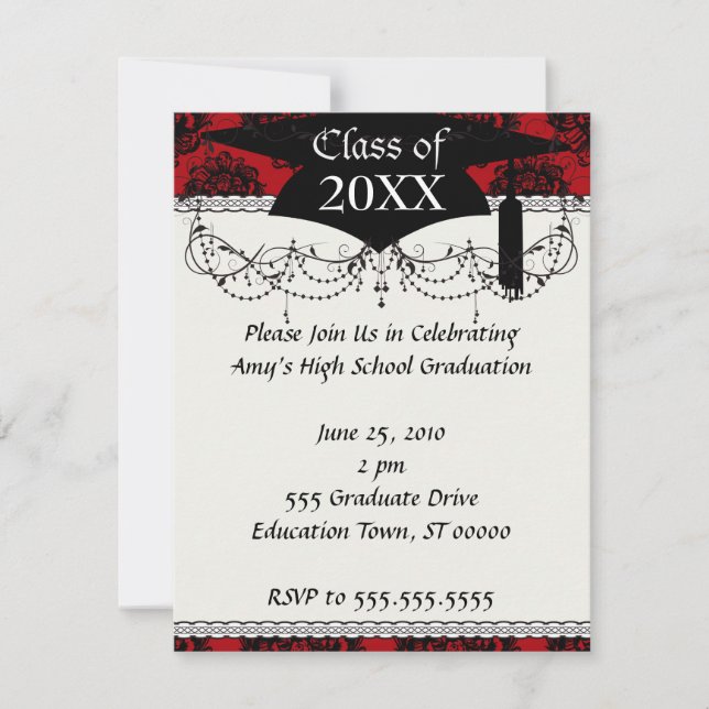 Invitation diplôme romantique rouge et noir damassé (Devant)
