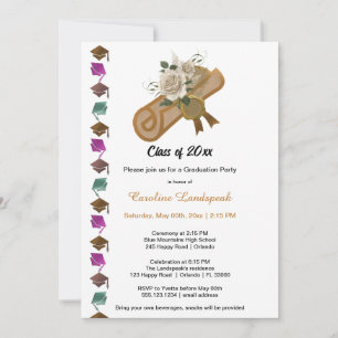 Invitation Diplôme Roses Blanches et Papier D'or de la promot