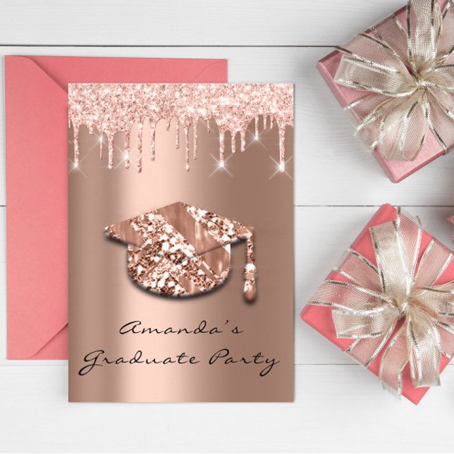 Invitation Diplômés Rose Gold Casquette 3D Glam (Graduate Party Drips Rose Gold Cap 3D Glam Invitation)