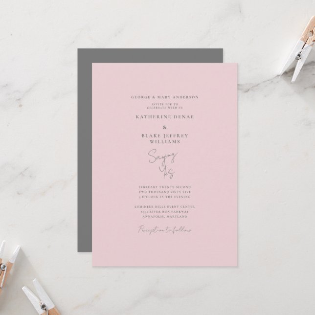 Invitation Dire Oui Mariage élégant rose et gris (Devant/Arrière en situation)