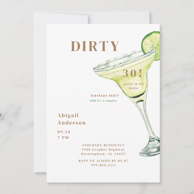 Invitation Dirty 30 Party à la maison Margarita Anniversaire (Devant)