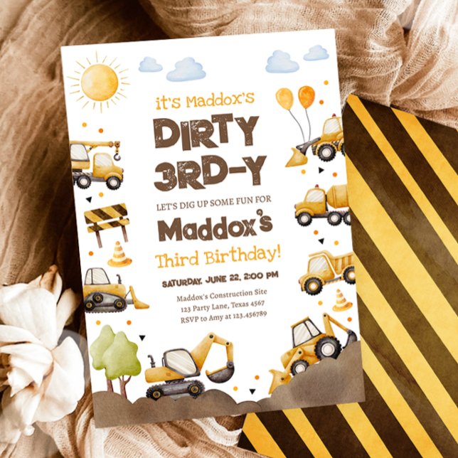 Invitation Dirty 3RD-Y Construction Trucks Boy Third Birthday (Créateur téléchargé)